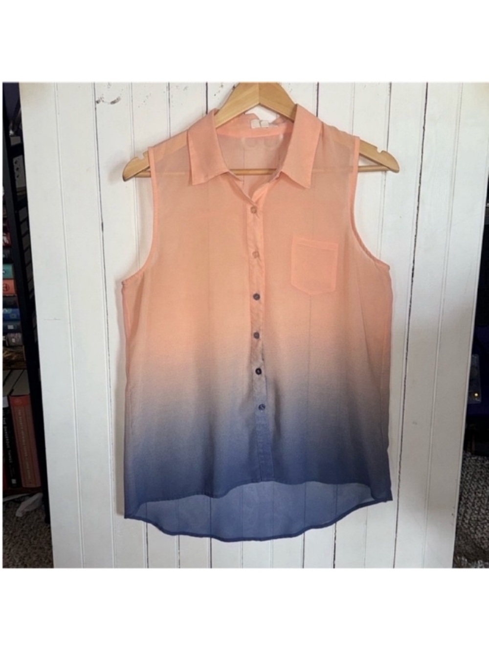E & M Sleeveless Blouse Peach Blue Ombre Semi-Sheer Size L